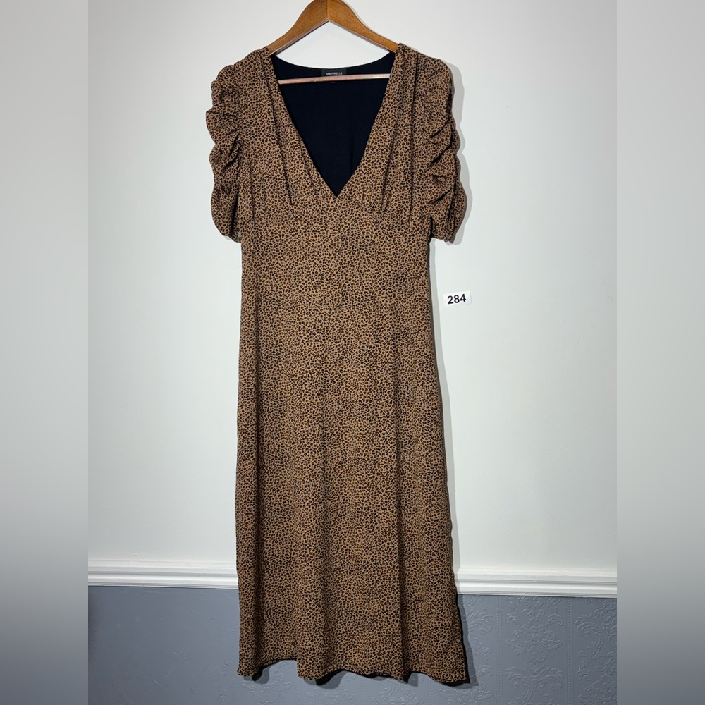 MAJORELLE Brown Printed Puff-Sleeve Midi‎ Dress - Picture 3 of 10